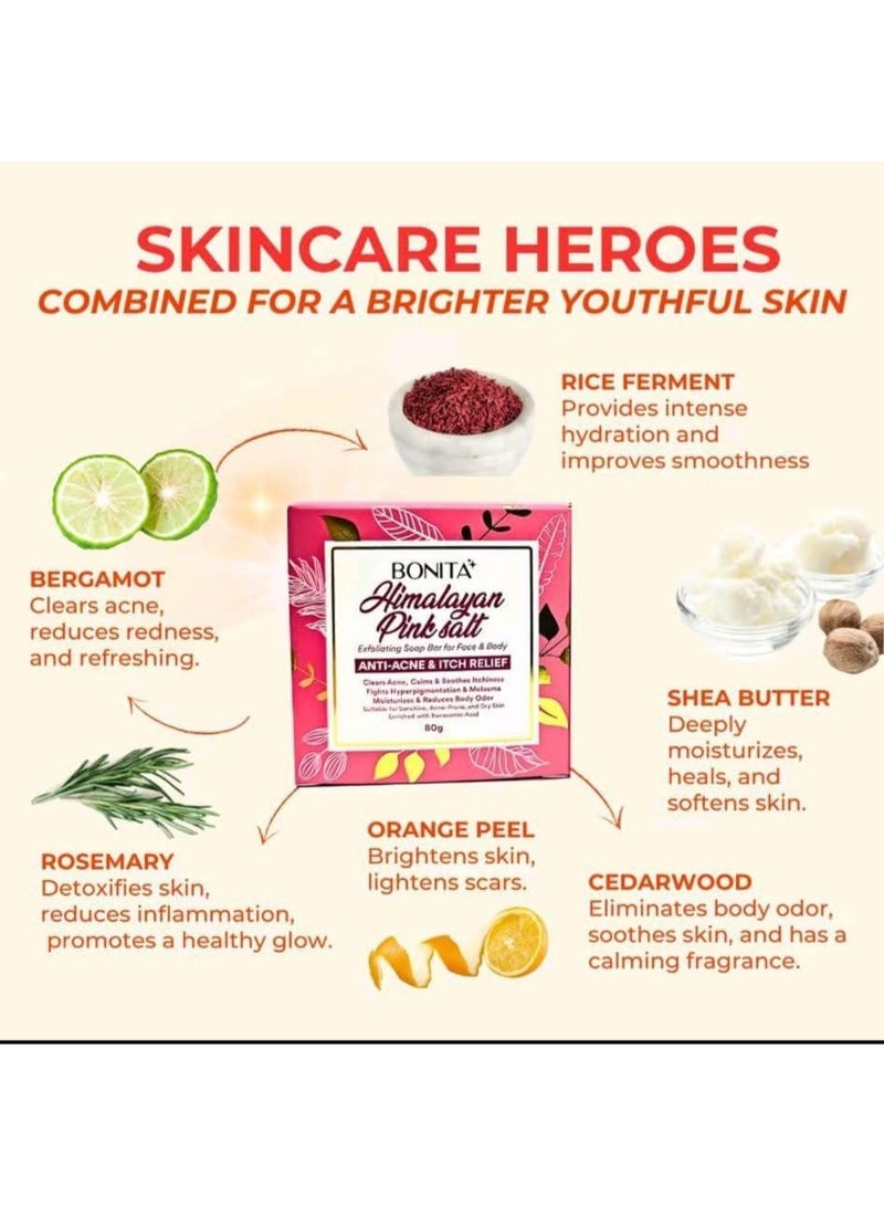 Bonita Himalayan Pink Salt Soap 80g Natural Exfoliating Anti Acne Soap for Face and Body Helps Clear Acne Scars Itch Relief Odor Control Skin Brightening - Image 3